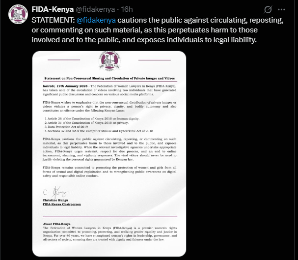 A post posted by FIDA on X. PHOTO/Screengrab by K24 Digital