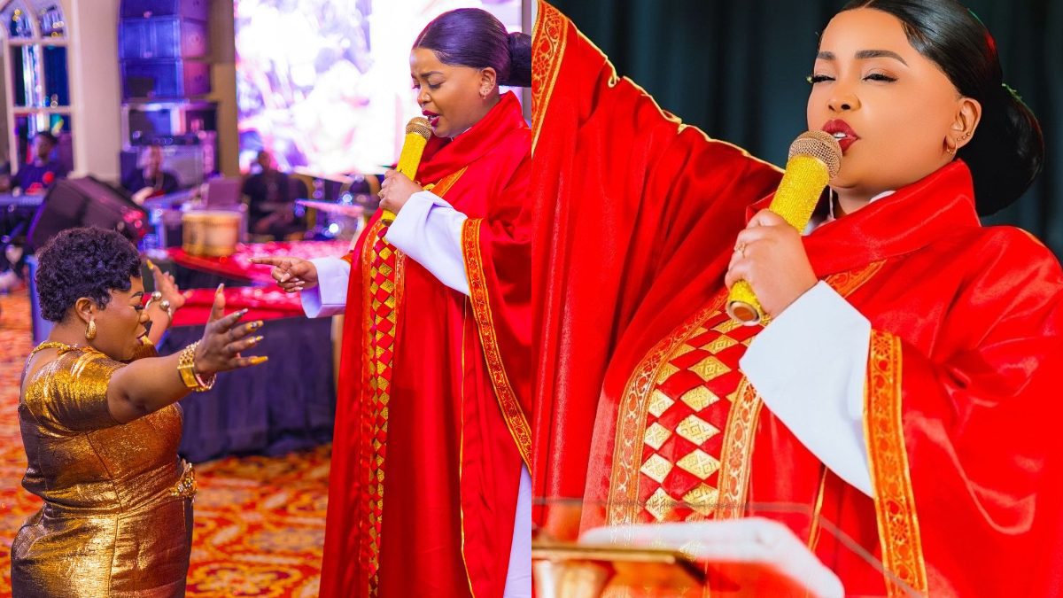 Justina Syokau kneels as Reverend Lucy Natasha prays for her. PHOTOS/https://www.facebook.com/justinasyokau1