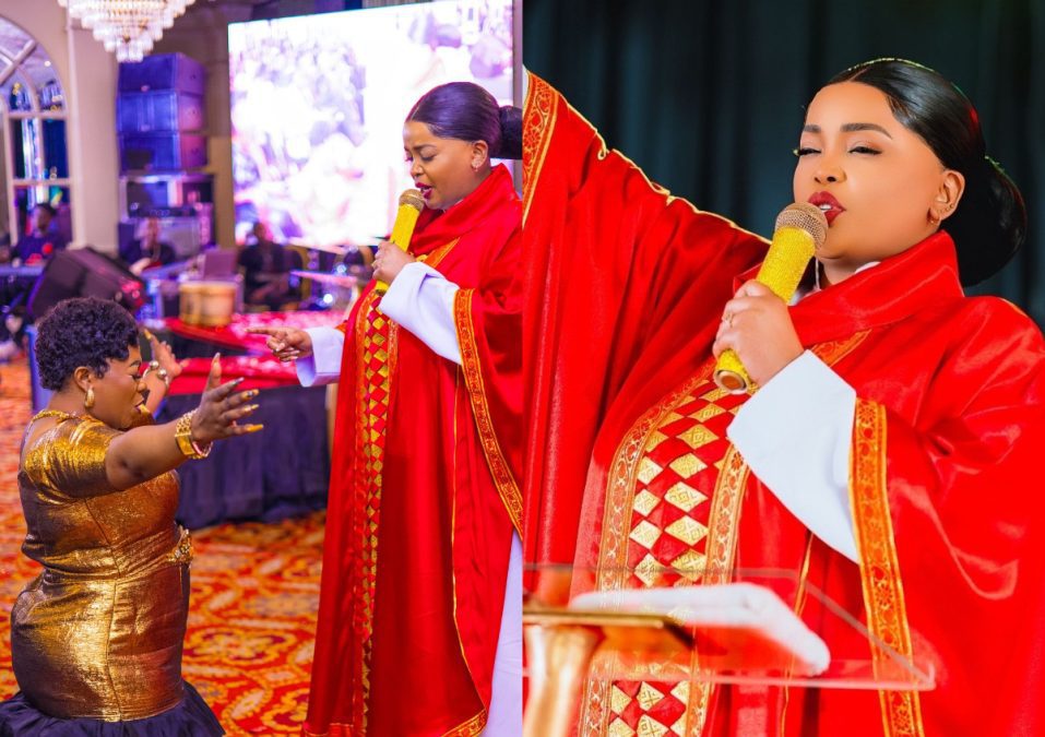 Justina Syokau kneels as Reverend Lucy Natasha prays for her. PHOTOS/https://www.facebook.com/justinasyokau1