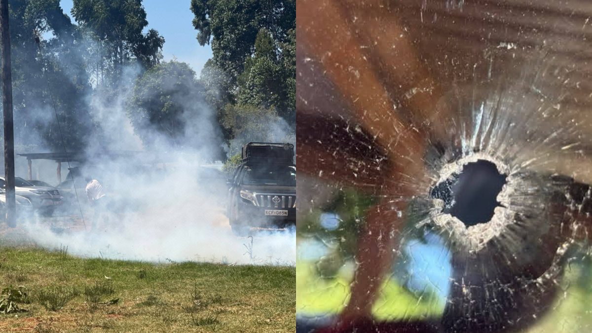 A collage of cloud of teargas and a vandalised vehicle during the choas at Witima ACK church on Sunday, January 25, 2026. PHOTO /https://www.facebook.com/GloriaOrwoba