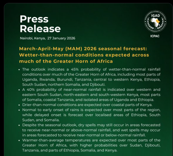 A press statement by the  IGAD Climate Prediction and Applications Centre (ICPAC) PHOTO/Screengrab by K24 Digital