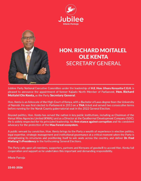 Statement by Jubilee Party. PHOTO/Screengrab by K24 digital.