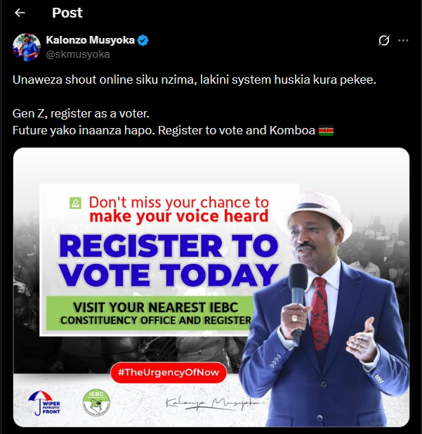 A post shared by Kalonzo Musyoka. PHOTO/Screengrab by K24 Digital