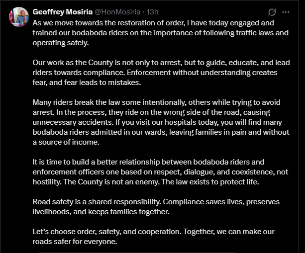 A post shared by Geoffrey Mosiria on his X account. PHOTO/Screengrab by K24 Digital 