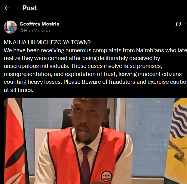 A post shared by Geoffrey Mosiria on his X account. PHOTO/Screengrab by K24 Digital 