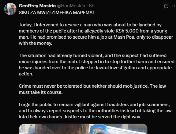 A post shared by Geoffrey Mosiria on his X. PHOTO/Screengrab by K24 Digital