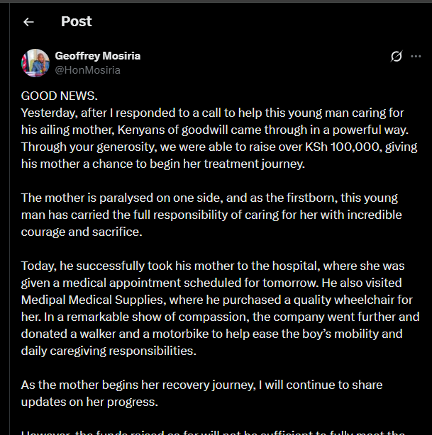 A post shared by Goeffrey Mosiria on his X account. PHOTO/Screengrab by K24 Digital