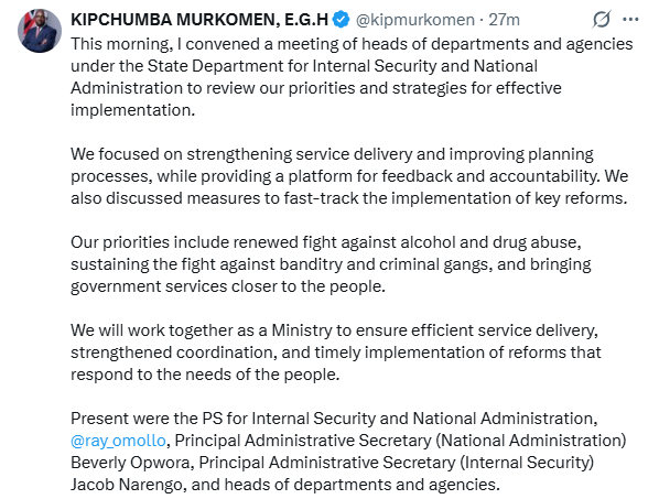 Murkomen's statement on X. PHOTO/Screengrab by K24 digital.