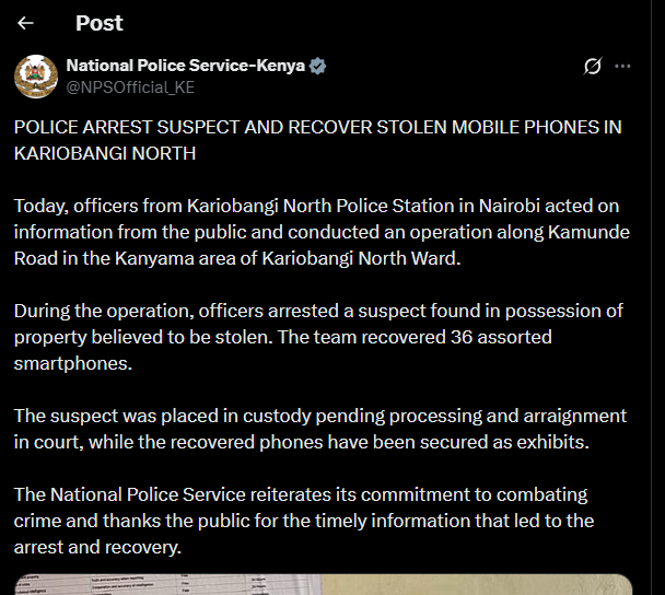 A post shared by the National Police Service (NPS) on X. PHOTO/Screengrab by K24 Digital