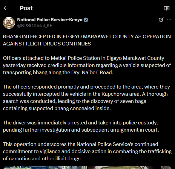 A post shared by NPS on X. PHOTO/Screengrab by K24 Digital