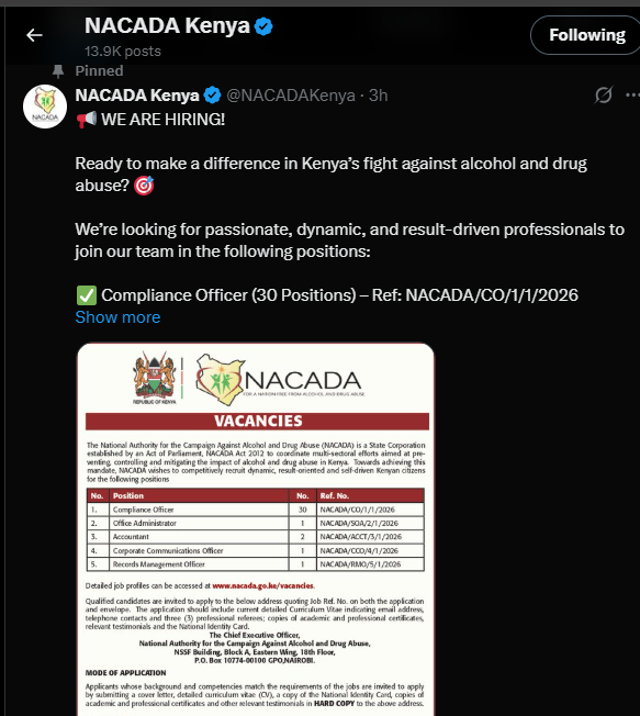 A post shared by NACADA on X. PHOTO/Screengrab by K24 Digital