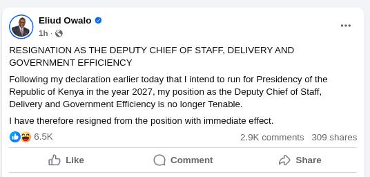 Eliud Owalo resigns. PHOTO/Screengrab by K24 Digital from Facebook by @eliud.owalo.3