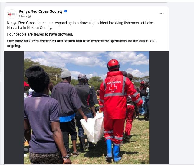 Kenya Red Cross confirm  Lake Naivasha tragedy. PHOTO/Screengrab by K24 Digital from Facebook by @RedCrossKE