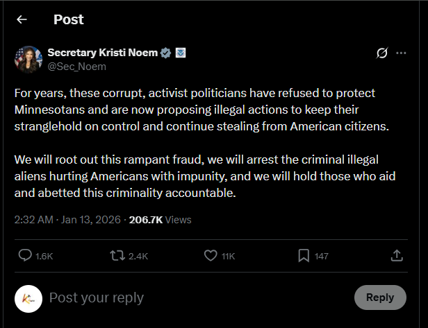 A post shared by Kristi Noem on X. PHOTO/Screengrab by K24 Digital from @Sec_Noem
