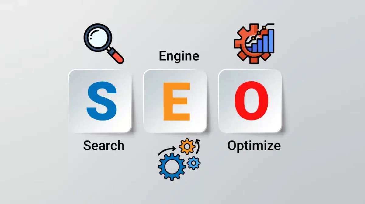 SEO concept illustration showing the acronym “SEO” split into three blocks, with the words “Search”, “Engine”, and “Optimize” around it, plus icons of a magnifying glass, gears, and a rising analytics chart in the background. PHOTO/Pexels