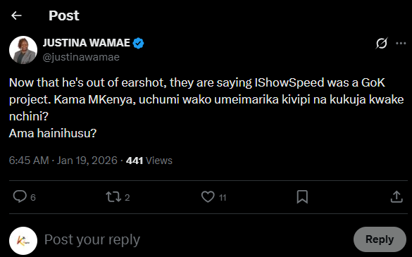 A post shared by Justina Wamae on X. PHOTO/Screengrab by K24 Digital