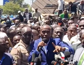 Governor Kimani Wamatangi speaking at the site where his property was demolished near Nyayo Stadium. PHOTO/Screengrab by K24 Digital