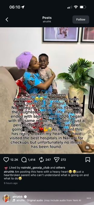 A post shared by Ruth K on her Instagram page. PHOTO/Screengrab by K24 Digital