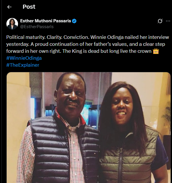 A post shared by Esther Passaris on her X. PHOTO/Screengrab by K24 Digital