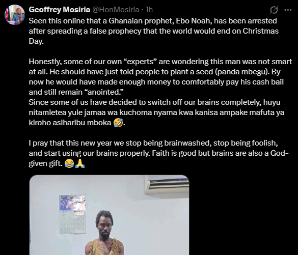 A post shared by Geoffrey Mosiria on X. PHOTO/Screengrab by k24 Digital