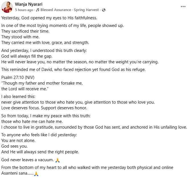 A screenshot showing Wanja Nyarari’s message. PHOTO/ https://www.facebook.com/muthee.prince
