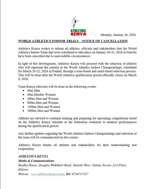 Statement of AK on the cancelation of World Athletics indoor trials. PHOTO/Athletics Kenya