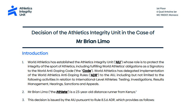 A section of AIU's statement on Brian Limo's ban. PHOTO/@aiu_athletics/X