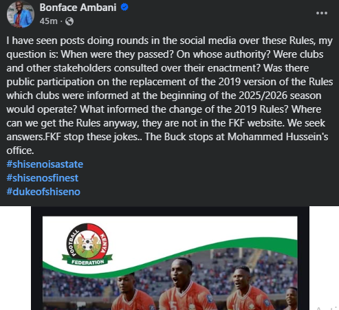 Boniface Ambani's statement on viral FKF rules. PHOTO/Screen grab by K24 Digital/https://www.facebook.com/BonfaceAmbaniKenya
