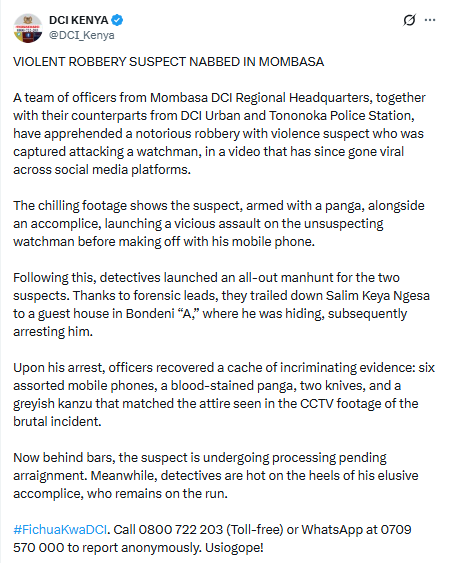 Statement by the DCI on the arrest. PHOTO/screengrab by K24 Digital from a post shared by @DCI_Kenya/X