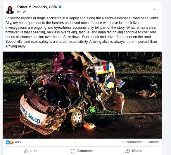 Esther Passaris speaks after Kikopey road accident. PHOTO/Screengrab by K24 Digital from Facebook by @EstherMPassaris