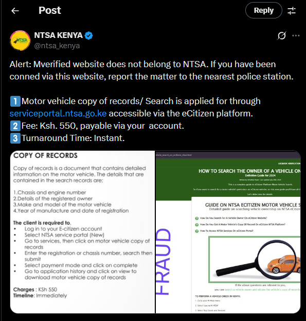 A post shared by NTSA on X. PHOTO/Screengrab by K24 Digital