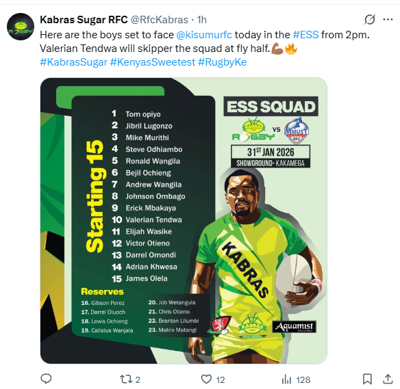 Kabras Sugar RFC squad against Kisumu in the ESS Western Conference encounter on Saturday, January 31, 2026. PHOTO/Screen grab by K24 Digital/@RfcKabras/X