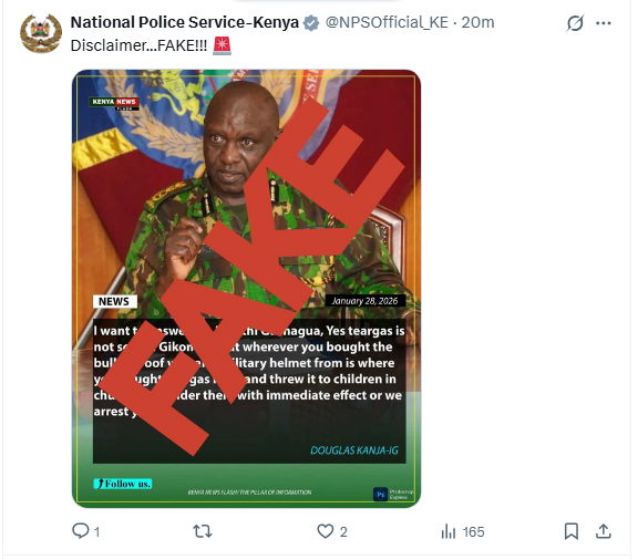 NPS flags a fake post. PHOTO/Screengrab by K24 Digital from X by @NPSOfficial_KE