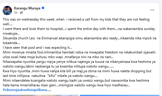 Karangu laments on Facebook. PHOTO/Screengrab by K24 Digital from Facebook by @KaranguMurayaMc