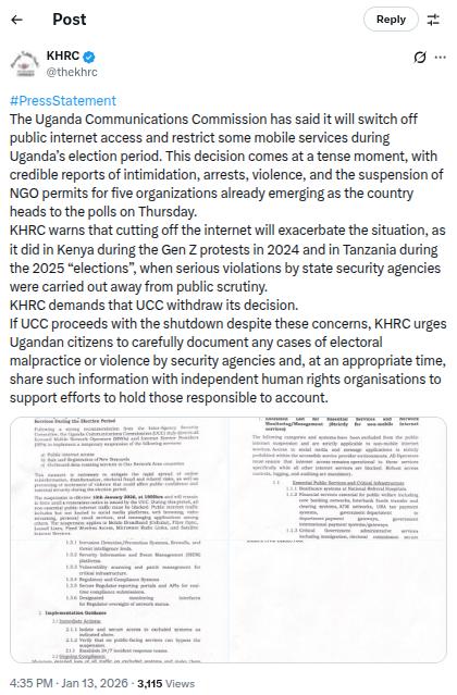 KHRC condemns internet shutdown in Uganda. PHOTO/Screengrab by K24 Digital from X by @thekhrc