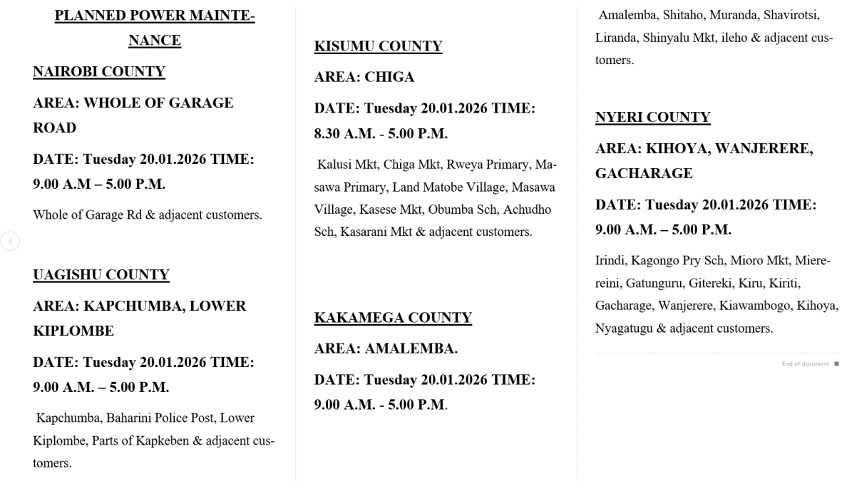 KPLC list of regions on scheduled maintenance. PHOTO/Screengrab by K24 Digital.