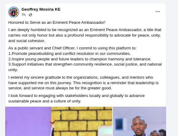 Geoffrey Mosiria celebrates prestigious title on Facebook. PHOTO/Screengrab by K24 Digital from Facebook by @kiongozi.mosiriake