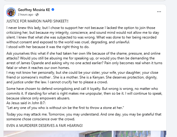 Geoffrey Mosiria condemns sharing of naked video. PHOTO/Screengrab by K24 Digital from Facebook by @kiongozi.mosiriake