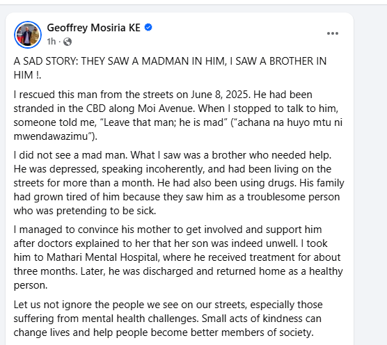 Geoffrey Mosiria speaks after rescuing madman. PHOTO/Screengrab by K24 Digital from Facebook by @kiongozi.mosiriake