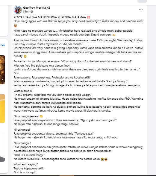 Geoffrey Mosiria speaks a bout money in clubs. PHOTO/Screengrab by K24 Digital from Facebook by @kiongozi.mosiriake