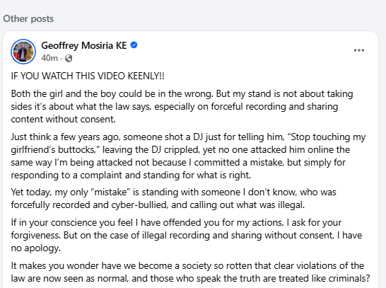Geoffrey Mosiria stands with Mario Naipei. PHOTO/Screengrab by K24 Digital from Facebook by @kiongozi.mosiriake
