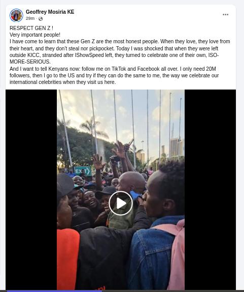 Geofffey Mosiria speaks after ishowspeed. PHOTO/Screengrab by K24 Digital from Facebook by @kiongozi.mosiriake