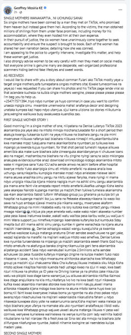 Mosiria narrats how single mothers were conned. PHOTO/Screengrab by K24 Digital from Facebook by @kiongozi.mosiriake