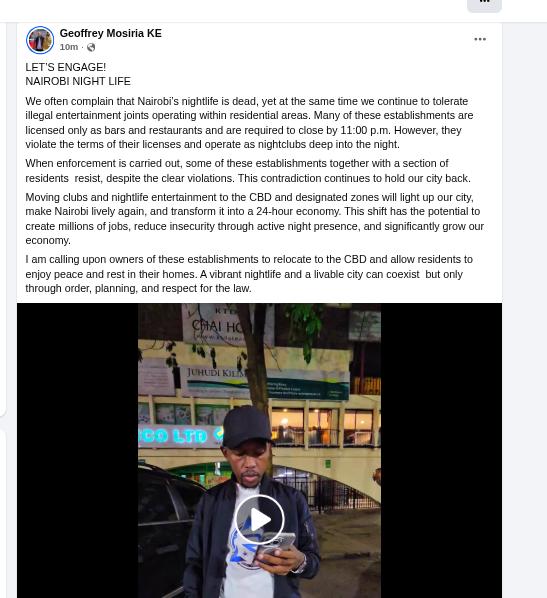 Geofrey Mosiria comments on nightclubs. PHOTO/Screengrab by K24 Digital from Facebook by @kiongozi.mosiriake