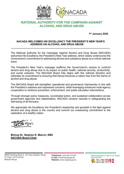 A statement by NACADA affirming President William Ruto's war on drugs. PHOTO/@NACADAKenya/X