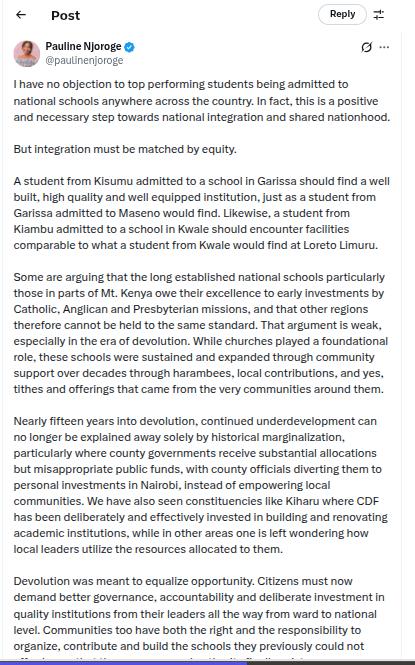 A post by Pauline Njoroge commenting about national schools. PHOTO/Screengrab by K24 Digital from X by @paulinenjoroge