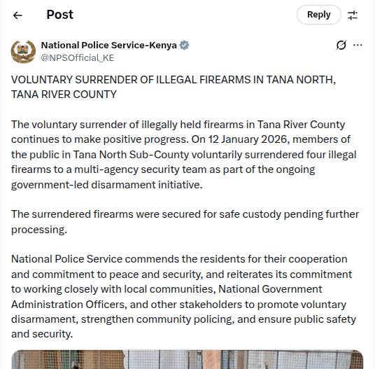 NPS acknowleges receiving 4 firearms. PHOTO/Screengrab by K24 Digital from X by @NPSOfficial_KE