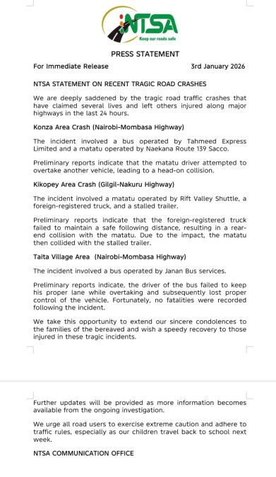 NTSA statement about road accidents in Kenya. PHOTO/https://www.facebook.com/ntsamedia