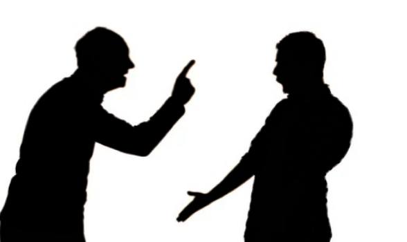 A black silhouette image of two men facing each other, appearing to argue, with one pointing a finger while the other gestures with an open hand against a white background. PHOTO/Pexels