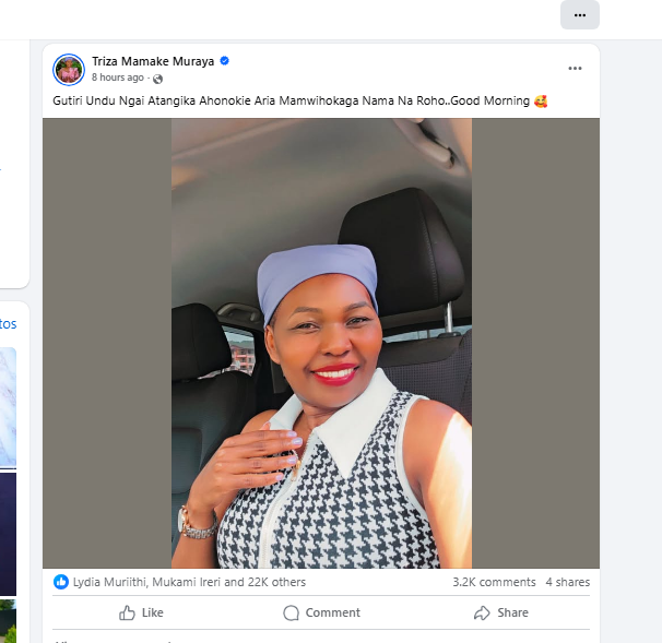 Triza Muraya posts on Facebook. PHOTO/Screengrab by K24 Digital from Facebook by @61574904684904